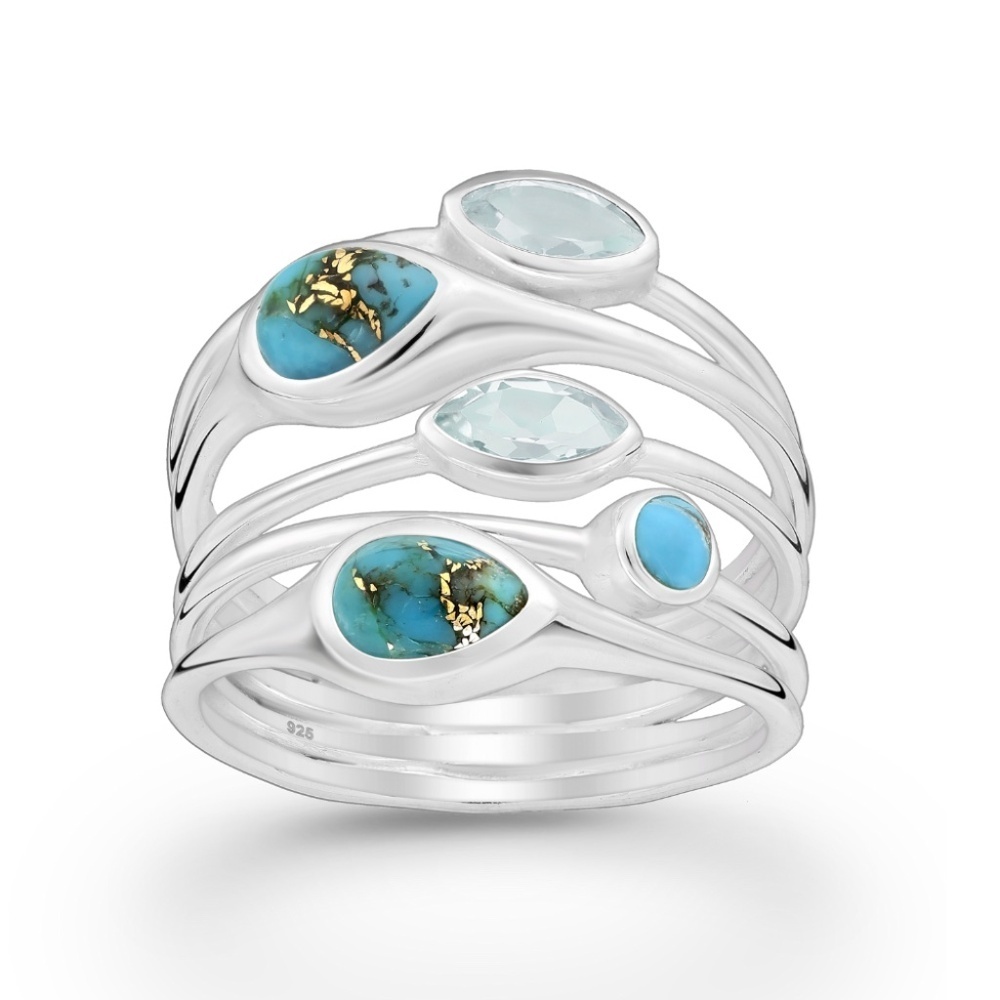 Sky Blue Topaz and Reconstructed Copper Turquoise Ring - Sample - 7.5
